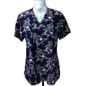 Holiday Tree Print Short Sleeve Women’s Scrub top